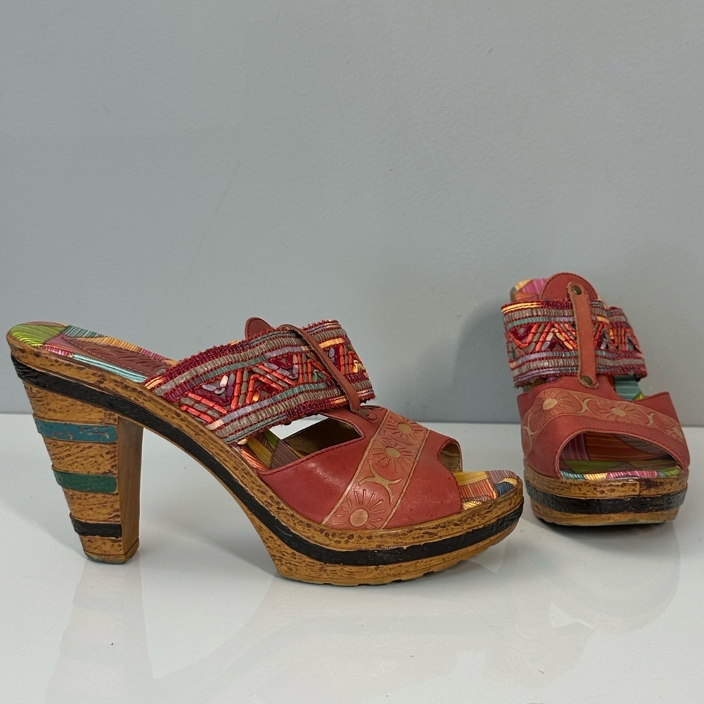 Elite by Corkys Kirby Heeled Sandals Colorful Leather Platform Heels Sz 9 Artsy